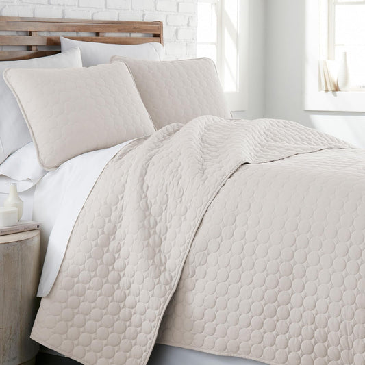 Quilted Summer Comforter, King Size Quilt Bedding Set with 2 Pillow Shams, Geometric Circle Design, Lightweight Bedspread, California/King Size Coverlet, Comfy Soft, Bone