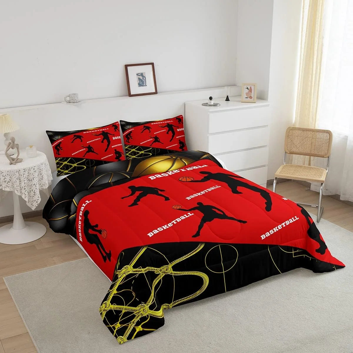 Baseketball Comforter Set Full,Basketball Bedding Set Teens Youth,Hippie Sports Player Sketch Duvet Insert,Ball Game Court Quilt Comforter with 2 Pillowcases Lightweight