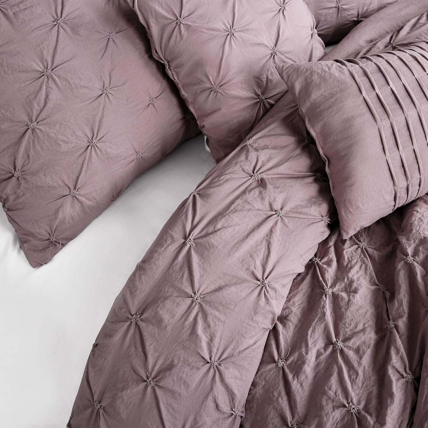 Ravello Pintuck Comforter Set - Luxe 5 Piece Textured Bedding Set - Traditional Glam & Farmhouse Inspired Bedroom Decor - Full/ Queen, Woodrose
