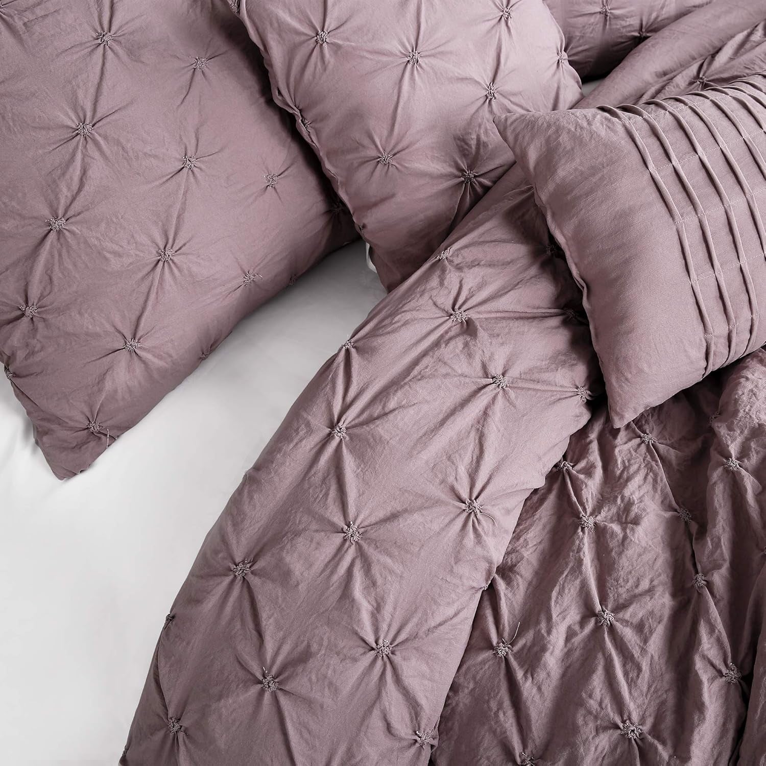 Ravello Pintuck Comforter Set - Luxe 5 Piece Textured Bedding Set - Traditional Glam & Farmhouse Inspired Bedroom Decor - Full/ Queen, Woodrose