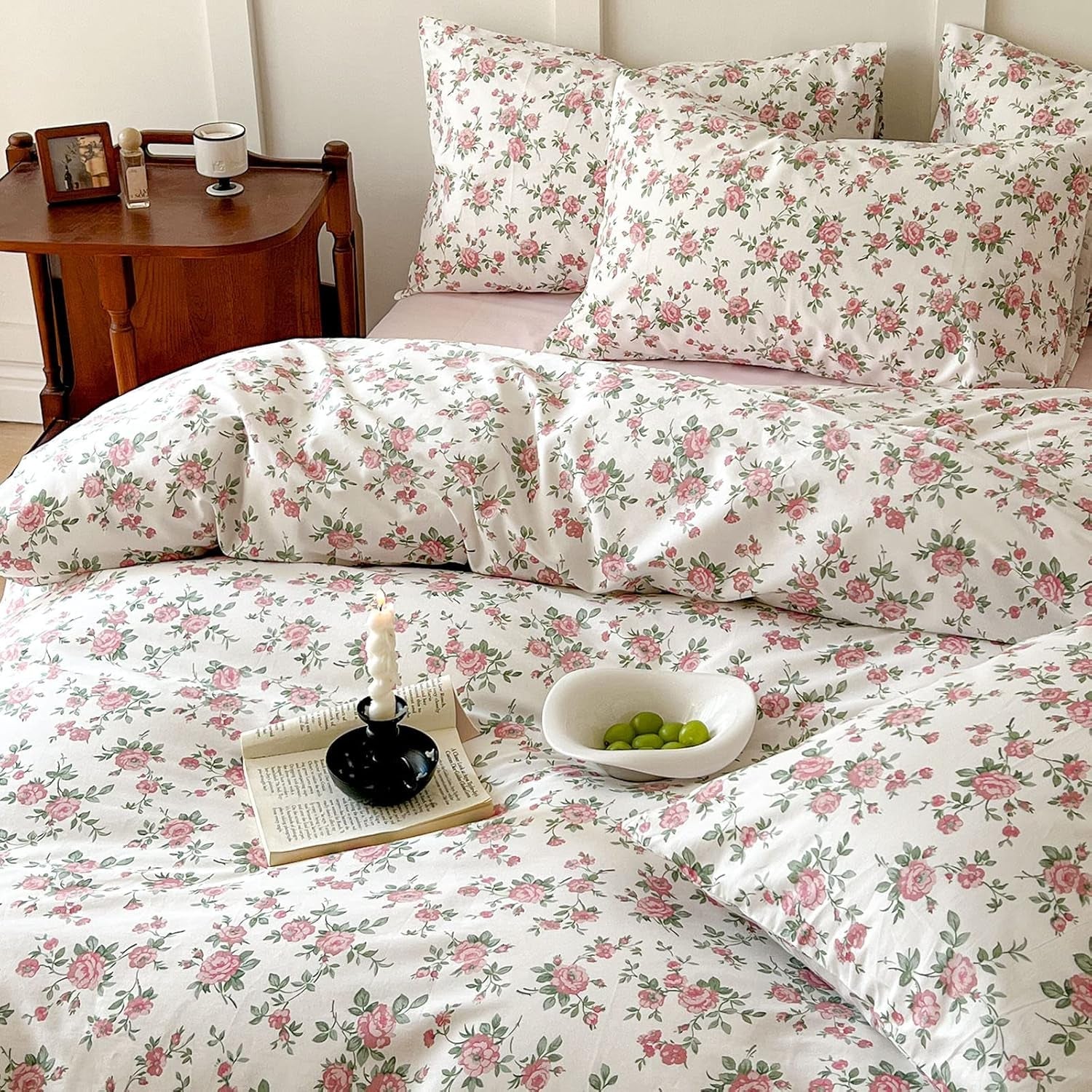 Floral Duvet Cover Set Twin Size Kids Pink 100% Cotton Aesthetic Bedding Sets Girl Women 3 Pieces Floral Branch Comforter Cover with Zipper Ties Garden Bedding Cover