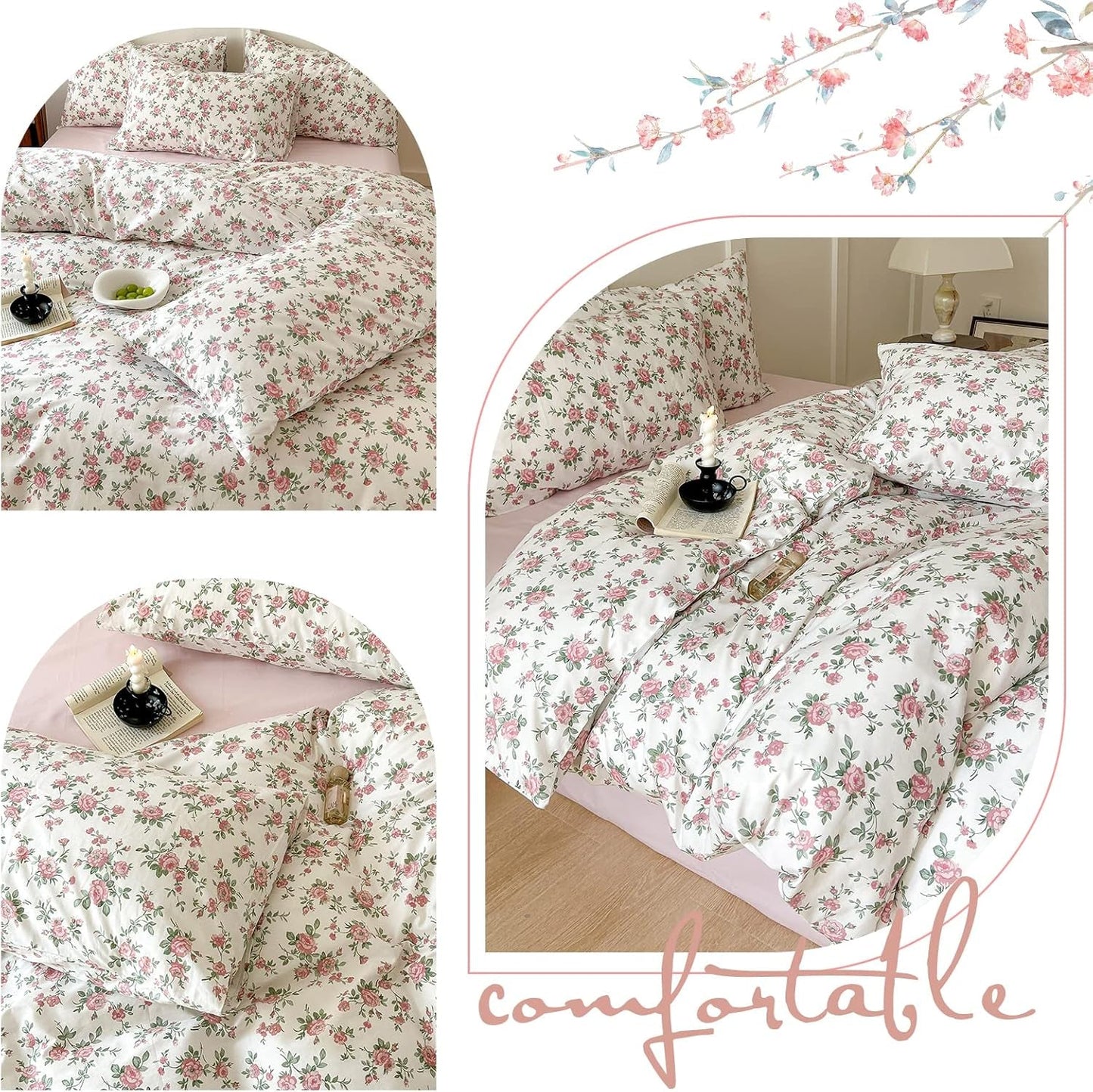 Girls Cotton Girl Bedding Sets Queen Little Flower Duvet Cover Set Queen Double Size 100% Cotton Floral Leaves Garden Bedding Collection for Teens Students Women