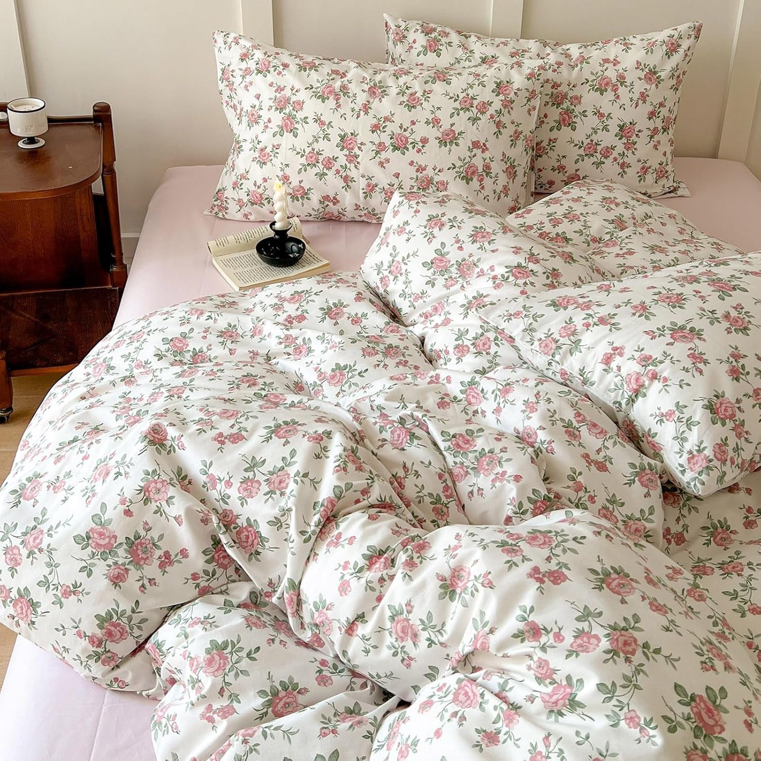Floral Duvet Cover Set Twin Size Kids Pink 100% Cotton Aesthetic Bedding Sets Girl Women 3 Pieces Floral Branch Comforter Cover with Zipper Ties Garden Bedding Cover