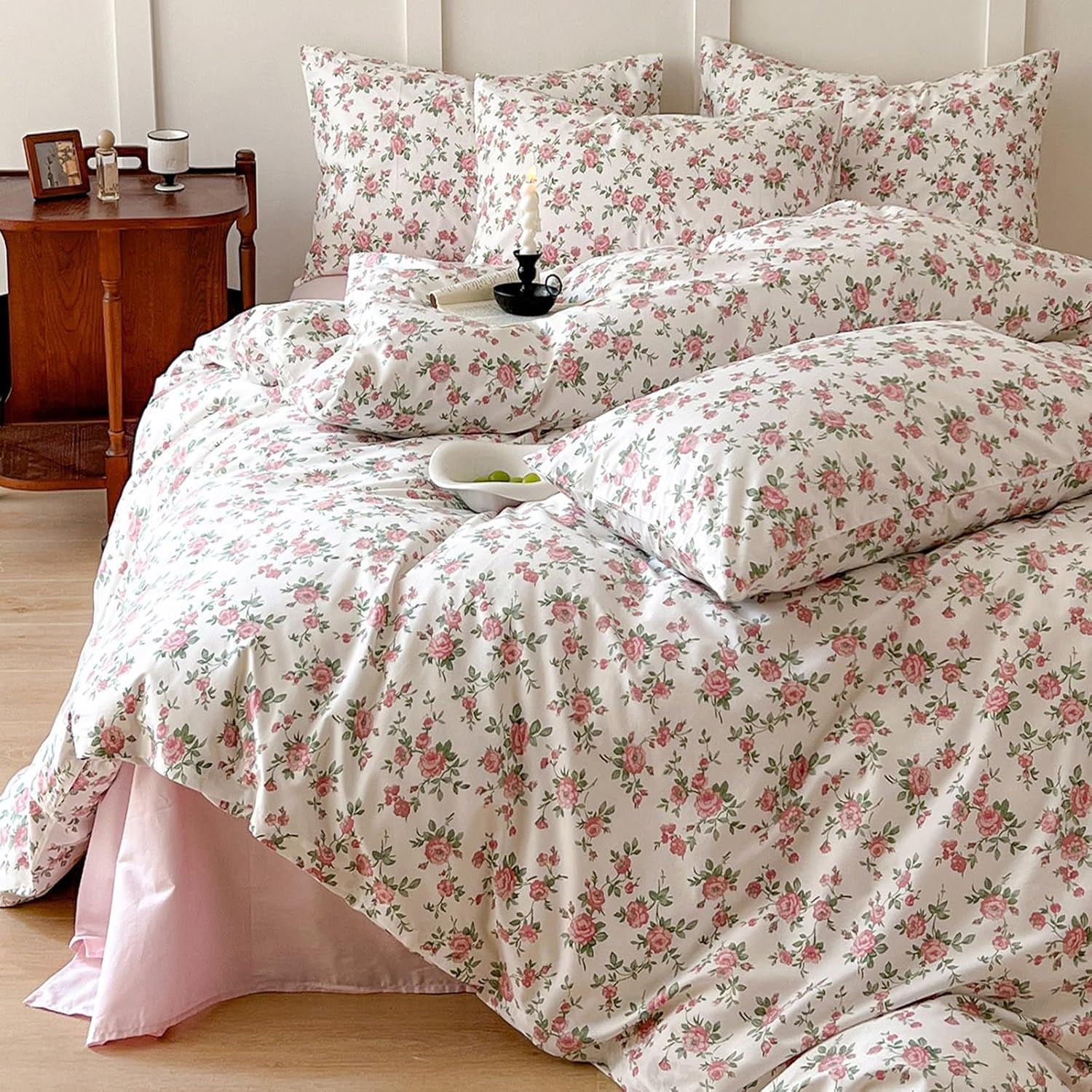Floral Duvet Cover Set Twin Size Kids Pink 100% Cotton Aesthetic Bedding Sets Girl Women 3 Pieces Floral Branch Comforter Cover with Zipper Ties Garden Bedding Cover