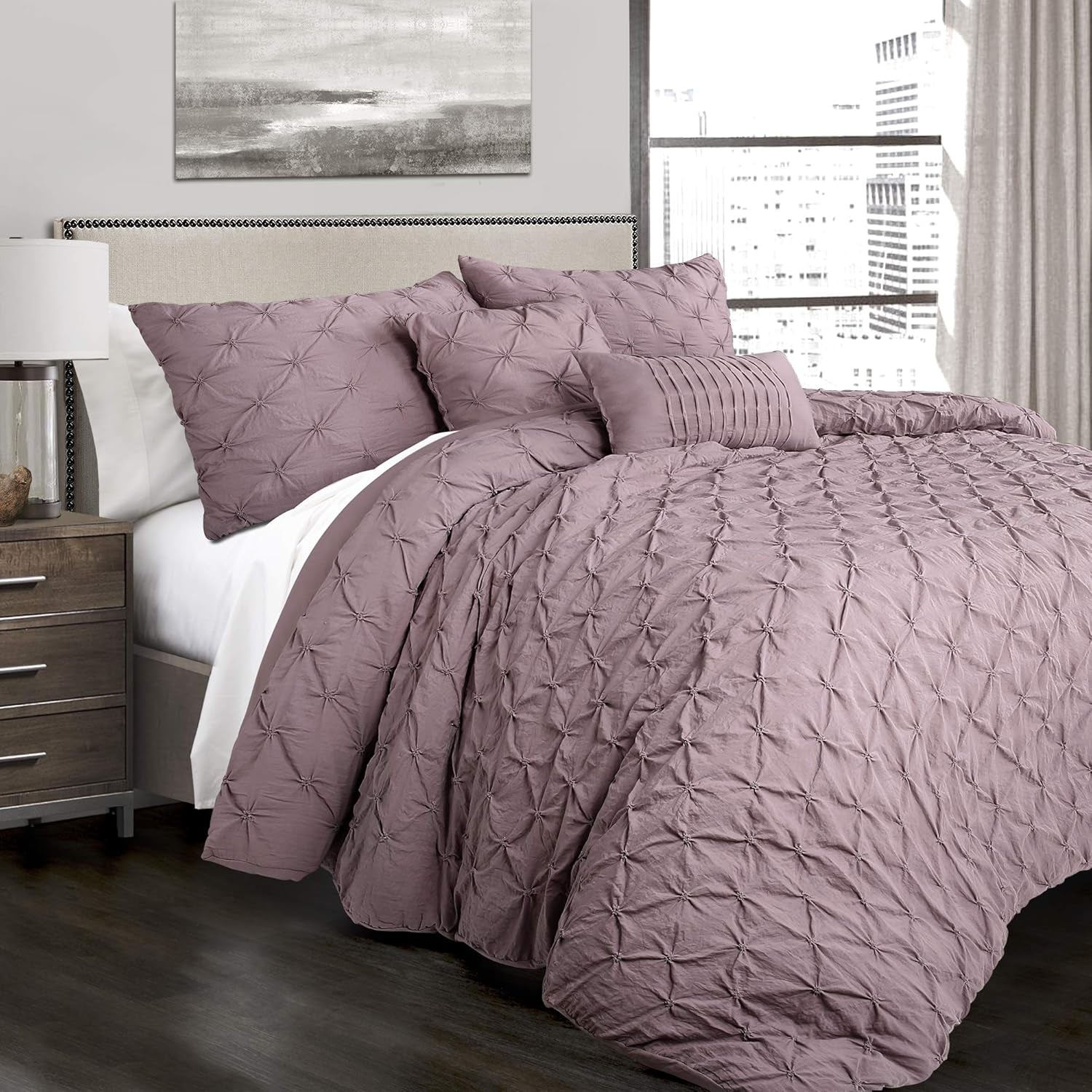 Ravello Pintuck Comforter Set - Luxe 5 Piece Textured Bedding Set - Traditional Glam & Farmhouse Inspired Bedroom Decor - Full/ Queen, Woodrose