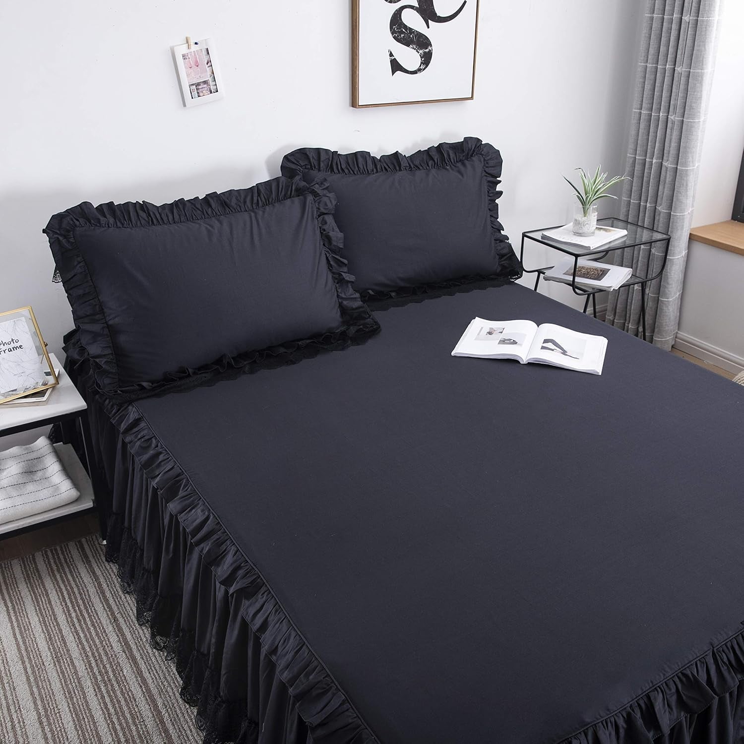 Black Queen 4 Piece 100% Cotton Shabby Vintage Chic Lace Duvet Cover Set Soft Dust Ruffle Mexico Bed Skirt Farmhouse Bedding