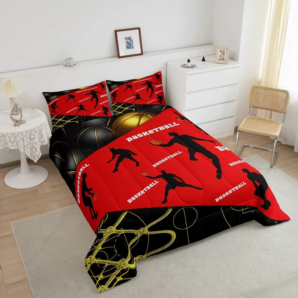 Baseketball Comforter Set Full,Basketball Bedding Set Teens Youth,Hippie Sports Player Sketch Duvet Insert,Ball Game Court Quilt Comforter with 2 Pillowcases Lightweight