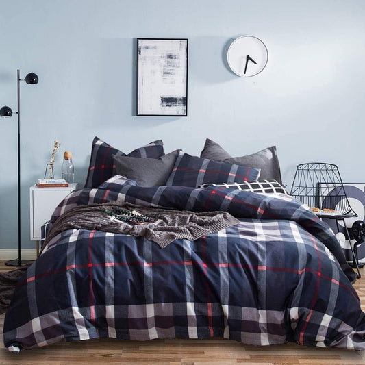 Navy Blue Plaid Comforter Set - Queen Size Teen Boys Bedding with Dark Blue & White Grid Comforter, Buffalo Plaid, Tartan Checkered & Gingham Pattern