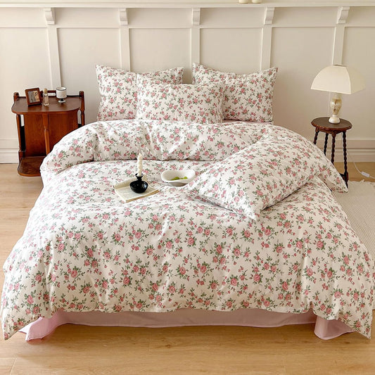 Girls Cotton Girl Bedding Sets Queen Little Flower Duvet Cover Set Queen Double Size 100% Cotton Floral Leaves Garden Bedding Collection for Teens Students Women